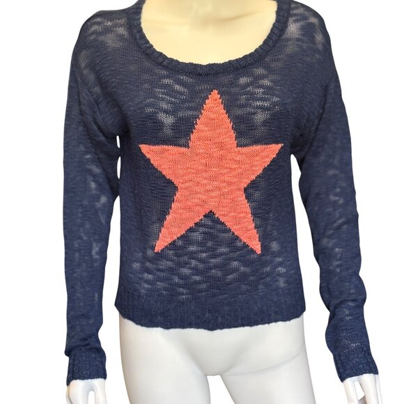 Heart-N-Crush Navy Sweater w/ Coral Star Graphic Womens Size Large - Picture 1 of 5